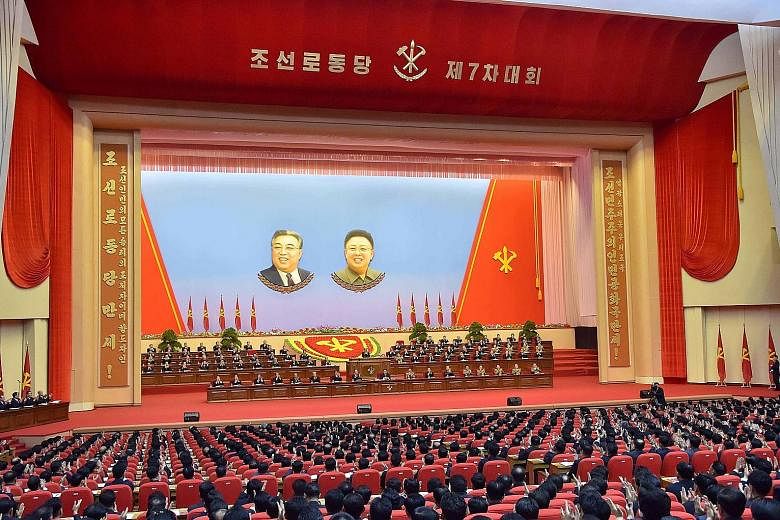 This photo taken last Friday and released yesterday by North Korea's official Korean Central News Agency (KCNA) shows the 7th Workers' Party Congress taking place at the "April 25 Palace" in Pyongyang.
