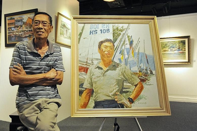 Lee Boon Wang at the gallery last week with his 1989 oil self-portrait as a sailor.