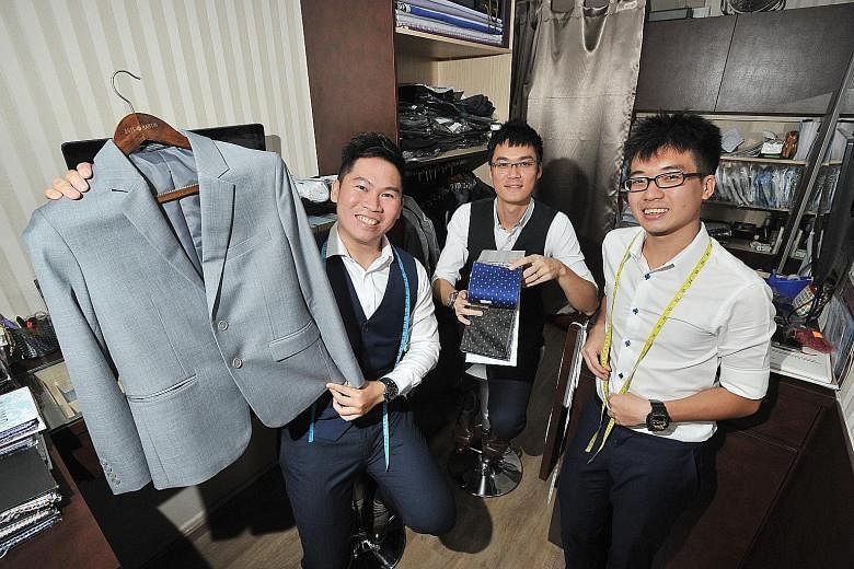 From left: Este Bartin's co-founders Barry Lim and Justin Loy with their tailoring assistant Benedict Teo. There are plans for another store, also in a heartland area.
