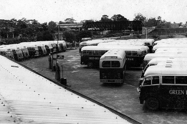 The depot of the Green Bus Company in King Albert Park. The company was established in the mid-1930s by Ong Chin Chuan and several other partners. Prior to the war, it was one of 10 companies which ran "mosquito buses" or small seven-seater motor bus