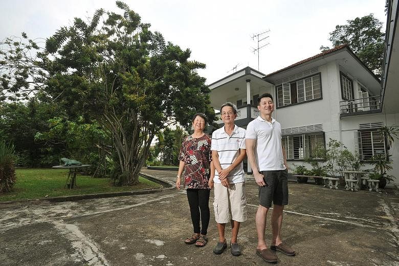 From left: The office of Green Bus Company in Queen Street; Mr Ong Cheng Siang (in white shirt) with a friend; Mr Ong Lek Meng with his sister, Madam Ong Bee Geok, together with Mr Patrick Ong outside their home.