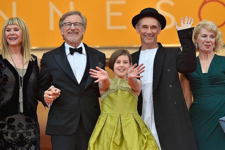 From left: Actress Kate Capshaw, director Steven Spielberg, cast members Ruby Barnhill and Mark Rylance and his wife Claire van Kampen at the screening of The BFG at the 69th Cannes Film Festival.