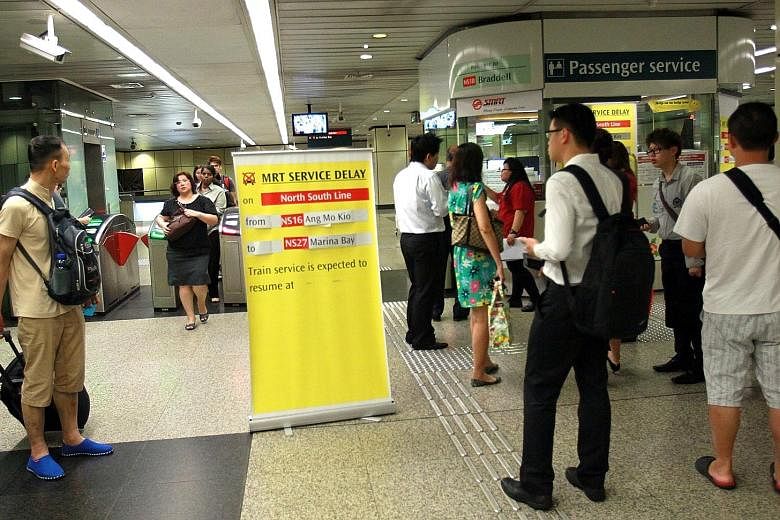 Commuters at Braddell MRT alerted of a disruption on Jan 21, 2014. Singapore's networkhad 14 major breakdowns in 2014. Last year, it had 29 major rail disruptions - 3.6 times that of Hong Kong's older, longer and more heavily-laden system.