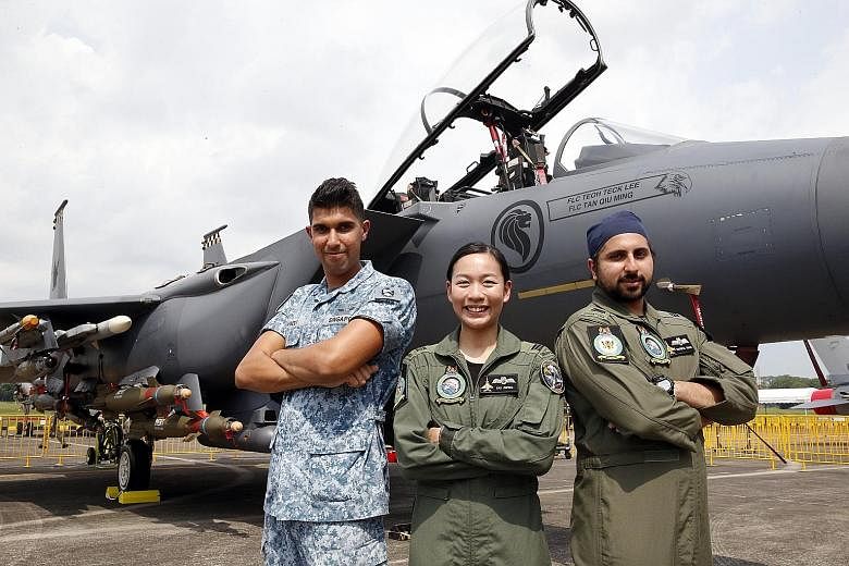 The RSAF personnel involved in the aerial display are (from left) Third Sergeant Singh, and fighter pilots Capt Nah and Captain Ravinpal Singh. The RSAF Open House is open to the public this weekend and admission is free.