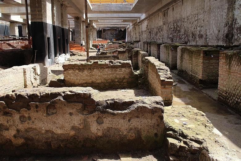A view of the ancient Roman ruins and mosaics discovered during work on a new underground line that will run through the centre of Rome.