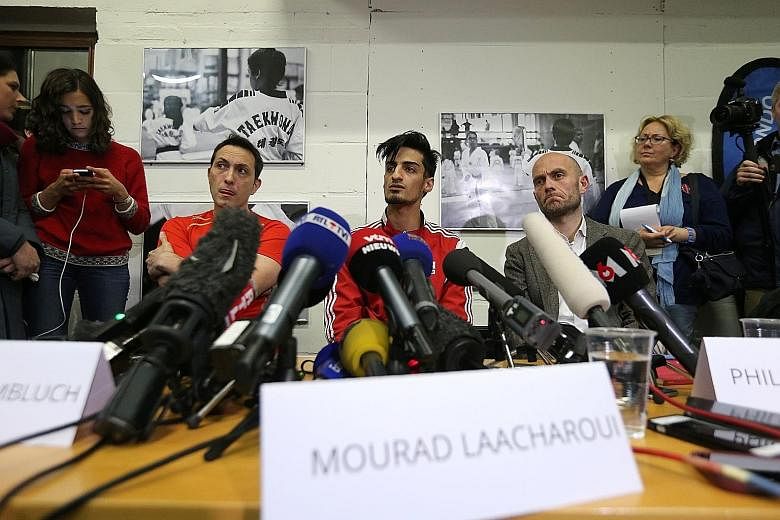 Belgian Mourad Laachraoui (centre), the younger brother of Najim Laachraoui, one of the Brussels airport bombers, won gold in the European Taekwondo Championships on Thursday night. Mourad Laachraoui, 21, beat Spaniard Jesus Tortosa 6-3 in the -54kg 