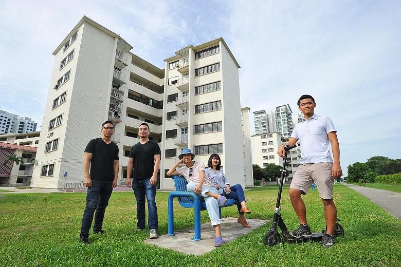 Fans of Dakota's heritage and charm: (from left) architects Jonathan Poh, 36; and Quck Zhong Yi, 36; Dakota resident and retiree Bilyy Koh, 61; Ms Tan Chiew Hong, 34, an architect; and Mr Cai Yinzhou, 26, founder of Dakota/Geylang Adventures.