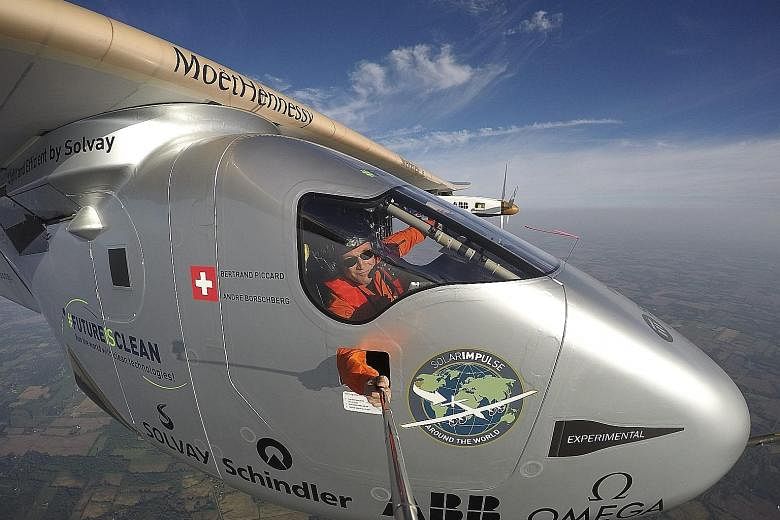 Swiss adventurer and pilot Bertrand Piccard taking an extreme selfie before landing the sun-powered Solar Impulse 2 in Lehigh Valley, Pennsylvania, this week after a 17-hour flight from Ohio. The trip was the 13th leg in a quest that started in Abu D