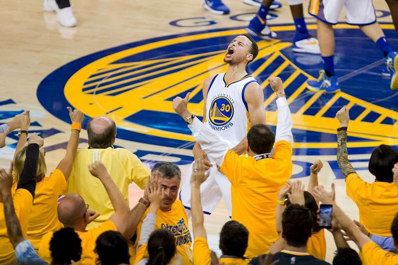 Golden State guard Stephen Curry showing his delight after a three-pointer in the fourth quarter to quell Oklahoma City's challenge. The Warriors won 96-88 to clinch the series. 