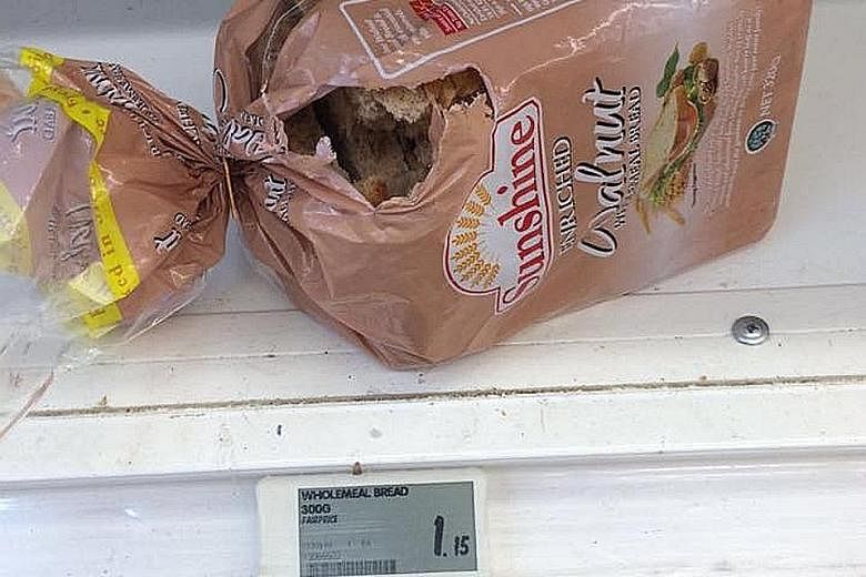 Mr Sun took a video of the rat scurrying around the bread section at the FairPrice outlet in Hougang's Kang Kar Mall, as well as a photo of a loaf of bread that had been gnawed.