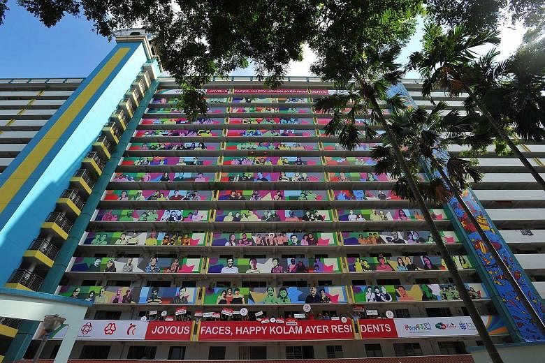 Entitled Joyous Faces, the art installation is about 200m tall and 90m wide. Nearly 1,000 residents from Geylang Bahru contributed to the project, which is part of this year's National Day celebrations.