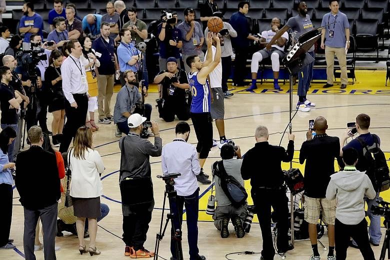 Warriors guard Stephen Curry shooting during practice ahead of the NBA Finals. The two-time Most Valuable Player leads the league with 30.1 points and 2.14 steals a game.