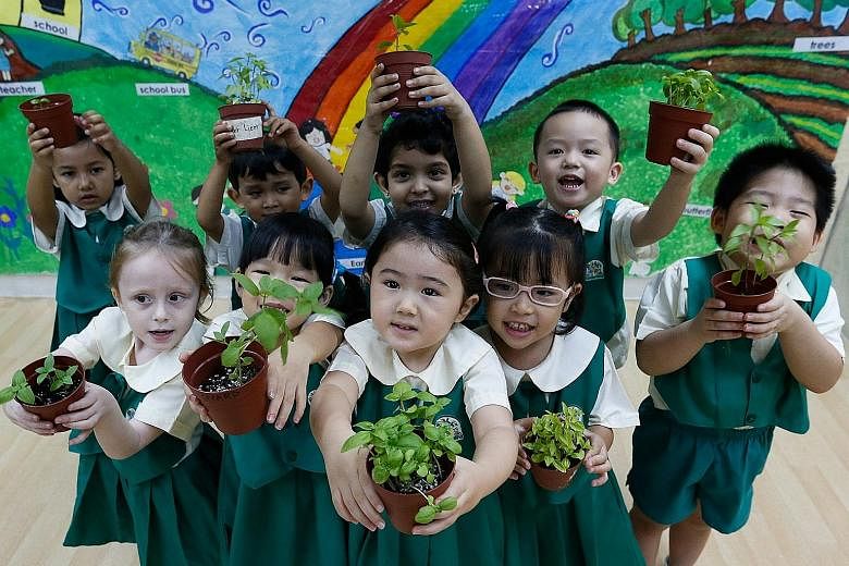 In celebration of World Environment Day tomorrow, 1,400 children from Kinderland pre-schools, including those pictured here at its Pandan Valley branch, are turning into little farmers for a good cause. Children as young as 18 months to those as old 