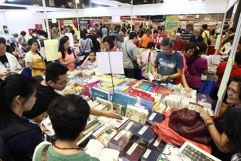 Customers at the Book Fair can not only enjoy discounts on English and Chinese books, but also get to participate in workshops on topics like soap making, sewing book covers, and Peranakan tile colouring. The Book Fair is in its 31st year and runs un