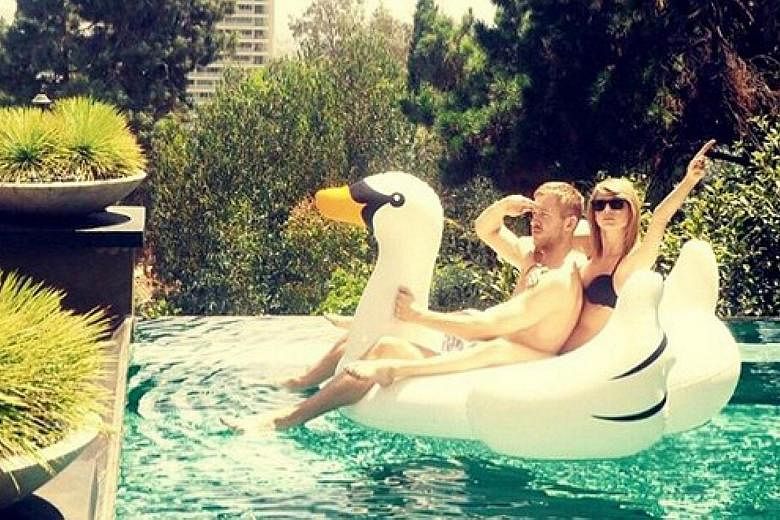 Singer Taylor Swift and musician Calvin Harris went public with their relationship via an Instagram post where they were seen on the back of a large inflatable swan, but they have since broken up.