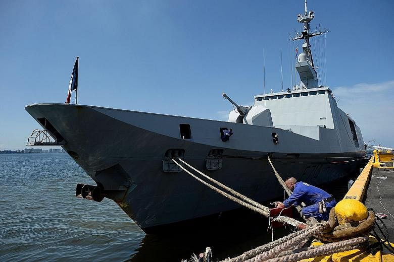 The French navy's Guepratte a La Fayette stealth frigate docking in Manila for a goodwill visit last month. French Defence Minister Jean-Yves Le Drian has raised the possibility of a coordinated and more sustained European naval presence in the regio
