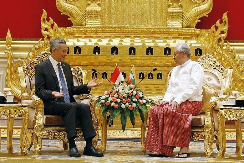 Mr Lee meeting Myanmar President Htin Kyaw in Naypyitaw yesterday. Mr Lee noted that the peoples of Singapore and Myanmar have kept up the countries' historical links and grown closer.
