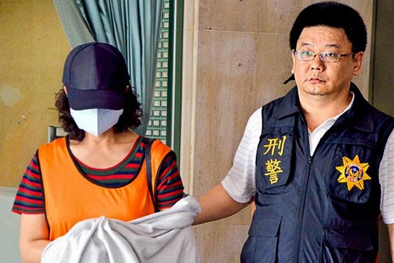 Far left: Huang, 55, and Mr Pua were acquaintances 30 years ago and met again in 2014 when he went to Taiwan to seek treatment for his diabetes. She allegedly married him to get his wealth. Left top: Huang being arrested on Tuesday by Taiwan police o
