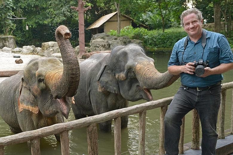 Photographer Joel Sartore at the elephant enclosure in the Singapore Zoo.