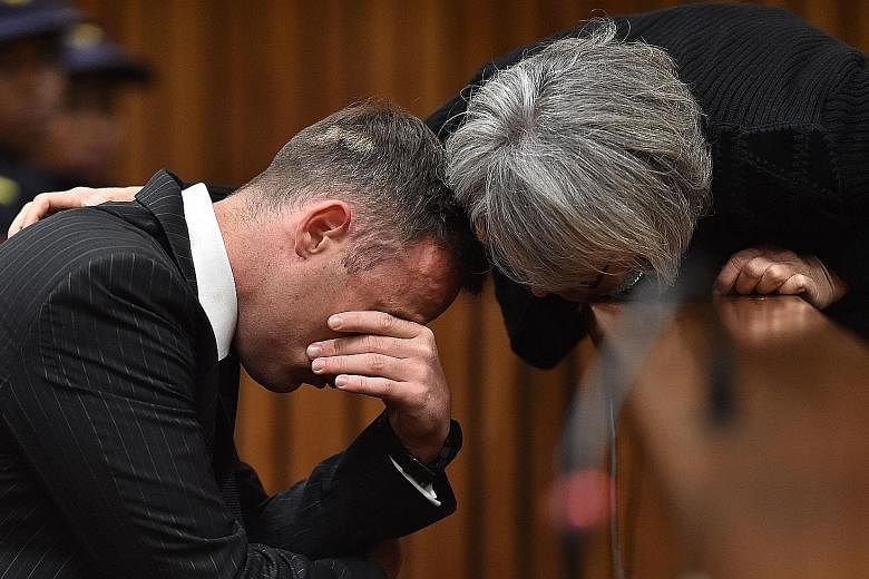 Pistorius wept quietly, but regularly, during the day-long hearing, leaving his eyes puffy and his face red. At one point, a member of his legal team passed him a packet of tissue paper and water. The Paralympic gold medallist, known as Blade Runner 