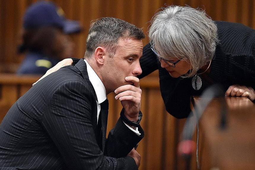 Pistorius wept quietly, but regularly, during the day-long hearing, leaving his eyes puffy and his face red. At one point, a member of his legal team passed him a packet of tissue paper and water. The Paralympic gold medallist, known as Blade Runner 