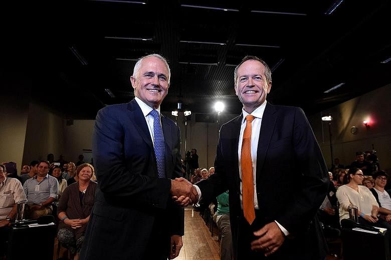 The ruling Liberal-National coalition, led by Mr Malcolm Turnbull (left), and the opposition Labor party, led by Mr Bill Shorten, are neck and neck in recent opinion polls, in what was seen as an unloseable election for Mr Turnbull.
