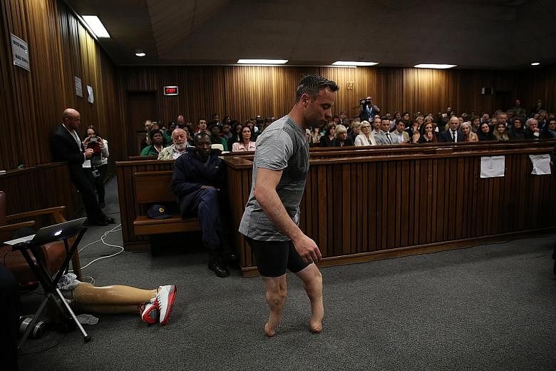 Pistorius removed his prosthetics and stood on his stumps for five minutes in front of the court television camera yesterday.