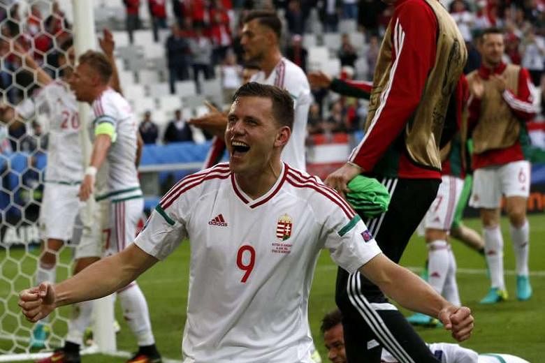 Hungary striker Adam Szalai celebrating his side's 2-0 win over Austria. His 62nd-minute opener set his side on the way to victory. 