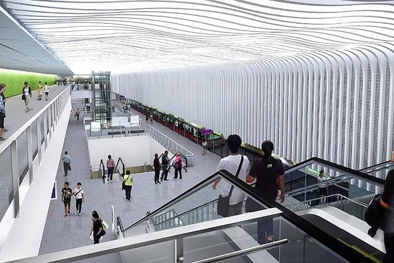 Artists' impressions of the Sungei Bedok MRT station's interior (left, above) and exterior (left, below). KTC Civil Engineering and Construction was awarded the contract to build the station, which is the last major civil contract for the 13km East C