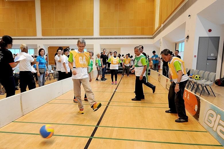 About 400 seniors took part in the AWWA 7th Silver Sports Day 2016, held at ITE College Central yesterday. AWWA was known previously as the Asian Women's Welfare Association. The seniors were from the AWWA Health and Senior Care and other eldercare s
