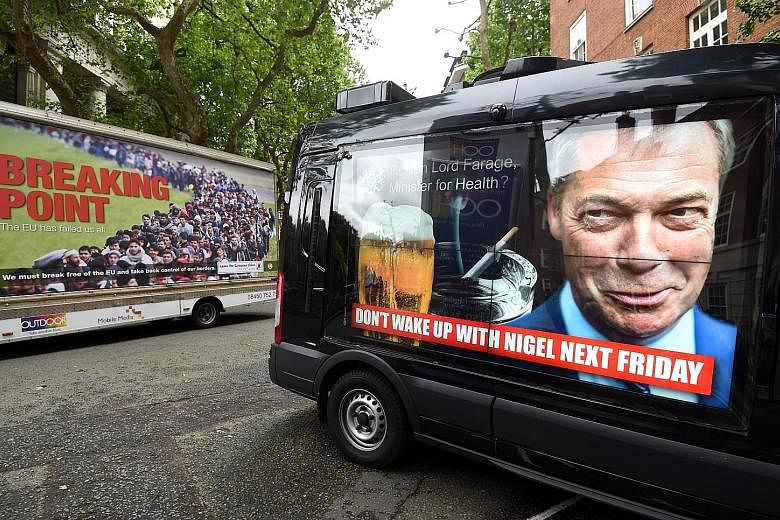 Ukip leader Nigel Farage, whose campaigning has been characterised by anti-immigration rhetoric, unveiled a new poster showing a long line of refugees with the headline "Breaking Point", prompting pro-EU activists to launch vans sporting posters ridi
