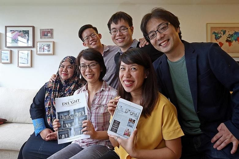 NIE lecturer Dr Loh (front row, second from left) with Enl*ght contributors (front row, from left) Siti Mariam Abdul Hakeem and Judith Lam, and (back row, from left) Yeo Zhi Wen, Ow Yeong Wai Kit and NIE lecturer Ken Mizusawa.