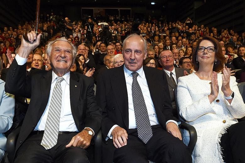 Former Australian prime ministers (from left) Bob Hawke, Paul Keating and Julia Gillard listening to Labor Party leader Bill Shorten during the party's campaign launch in Penrith, Sydney, yesterday.