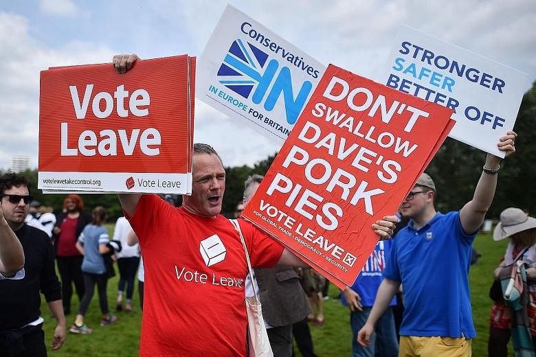 A supporter for Vote Leave - the official campaign for a "Leave" vote - at a Hyde Park rally in London yesterday for Britain Stronger In Europe, the "Remain" campaign group seeking to avoid a Brexit.