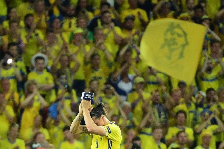 An emotional forward Zlatan Ibrahimovic applauding Swedish fans at the end of the match against Belgium in Nice. He has long been the outsized icon of the side but was unable to take them beyond the last eight of a major tournament.