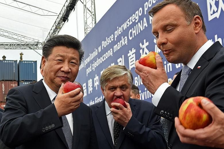 Chinese President Xi Jinping and Polish President Andrzej Duda (right) eating Polish apples as they greeted the arrival of the first China Railway Express train that rolled into Warsaw on Monday. Under the Silk Road programme, China is investing in i