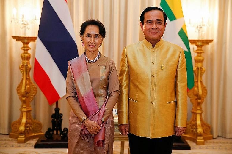 Ms Suu Kyi and General Prayut both stressed the importance of strengthening their countries' engagement of Asean yesterday. Their remarks come amid fears of widening fissures in the 10-country bloc over territorial disputes in the South China Sea bet