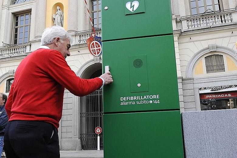 A defibrillator in Lugano, the Italian-speaking canton of Ticino in Switzerland. More than 1,000 defibrillators are available to the public as part of a scheme aimed at helping people who have heart attacks.