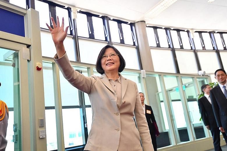 Taiwan's President Tsai Ing-wen departing Taoyuan International Airport in Taiwan yesterday on her first trip abroad since taking office last month. She will visit Panama and Paraguay.