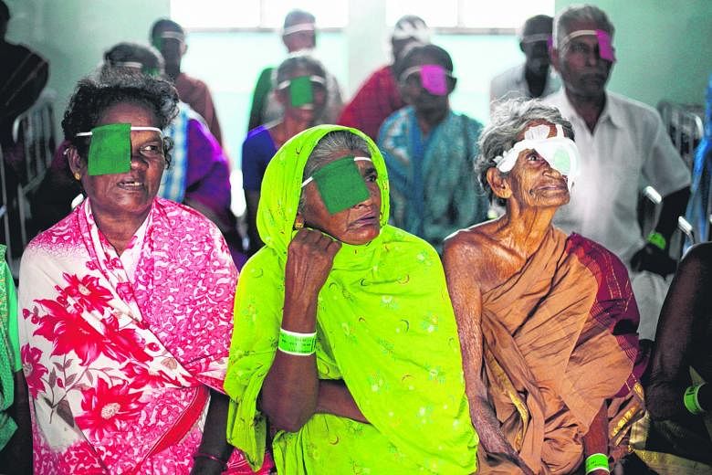 Left: Patients attending a counselling session on care after their cataract surgery at Aravind Eye Hospital in Madurai. Above: The hospital's Aurolab, which produces intraocular lens and suture needles at below market cost, helping to keep surgery co