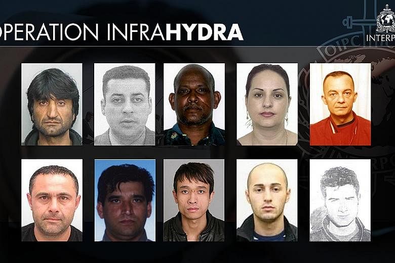 Ten people sought for being members of an organised crime group, for smuggling or for trafficking are shown on this handout picture released by Interpol.