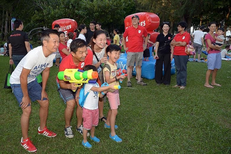 It was Daddy's Day Out at East Coast Park yesterday, as more than 700 families gathered for an evening of fun, food and games to celebrate the role of fathers, grandfathers and uncles in their lives. Minister for Social and Family Development Tan Chu