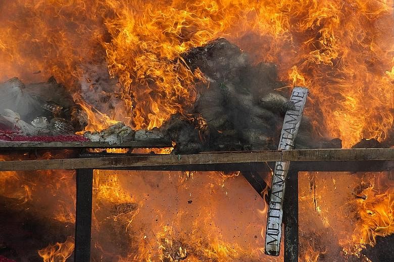 A pile of seized drugs being burned during a ceremony to mark the United Nations' "International Day against Drug Abuse and Illicit Trafficking" in Yangon on Sunday. The Myanmar authorities destroyed narcotics worth US$56.3 million (S$76.4 million) o