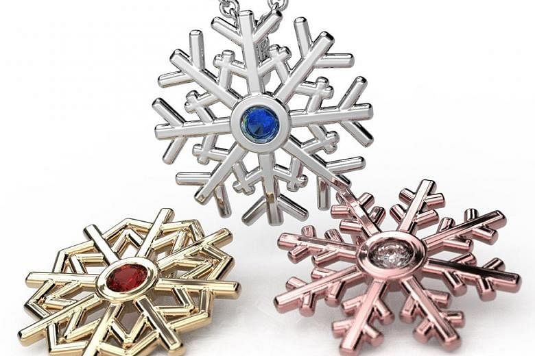 Polychemy's pendants with a dazzling snowflake design. Like snowflakes, each pattern is unique, says the company's founder, Mr Isaac.