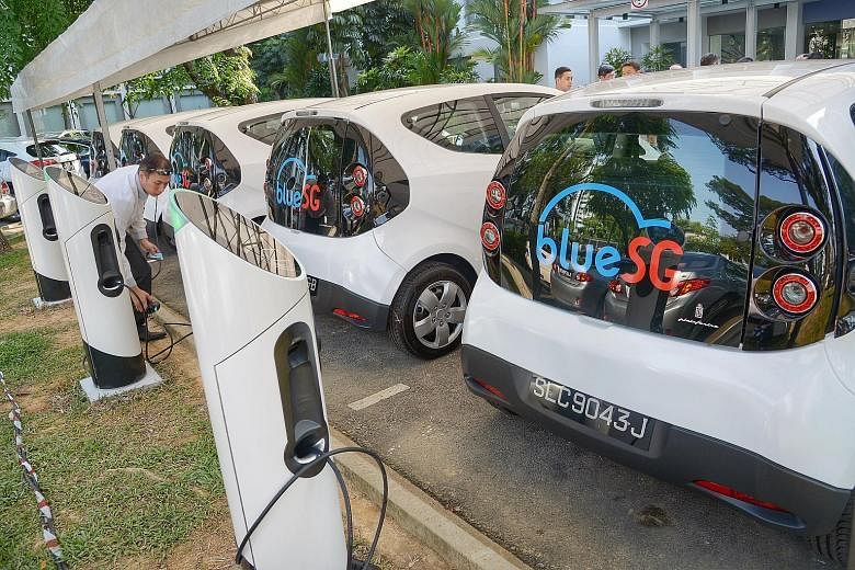 BlueSG Electric cars and charging points at LTA headquarters in Hampshire Road. Ang Mo Kio, Jurong East and Punggol will be among the first HDB towns to have a total of 50 EV stations and 250 charging points installed. The fleet is expected to grow t