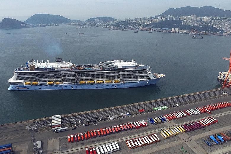 Ovation of the Seas, a cruise ship operated by Royal Caribbean International, arriving at the port of Busan in South Korea yesterday. Cruise ships are generally for holidaymakers, but a group of New Zealand businessmen is looking at buying a 400-bed 
