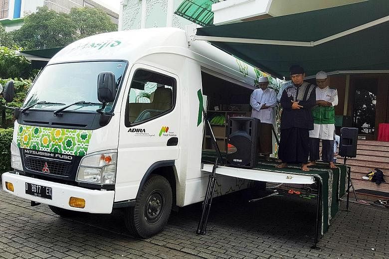 Mobile Masjid, which hit Jakarta roads last Tuesday, is a truck that has been converted into a Muslim prayer space for 20 people and is equipped with prayer mats and ablution facilities. The mobile mosque, the second of its kind in Indonesia, is aime