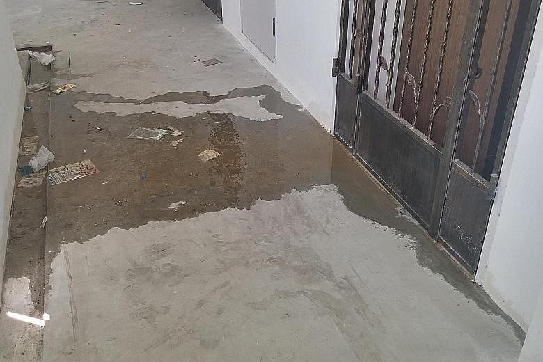From left: Dirty water flowing from Madam Khoo's flat into the corridor; sewage stains and a pool of dirty water near a built-in wardrobe; and a messed-up kitchen.