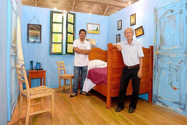 The 3D replica of Van Gogh's Bedroom in Arles (below) at the art exhibition-cum-furniture show at Singapore Expo Hall 6. Mr Lee Choon Kee (right ) provided the artistic direction for the 3m by 5m reconstruction, while Fullhouse graphic designer Nay T