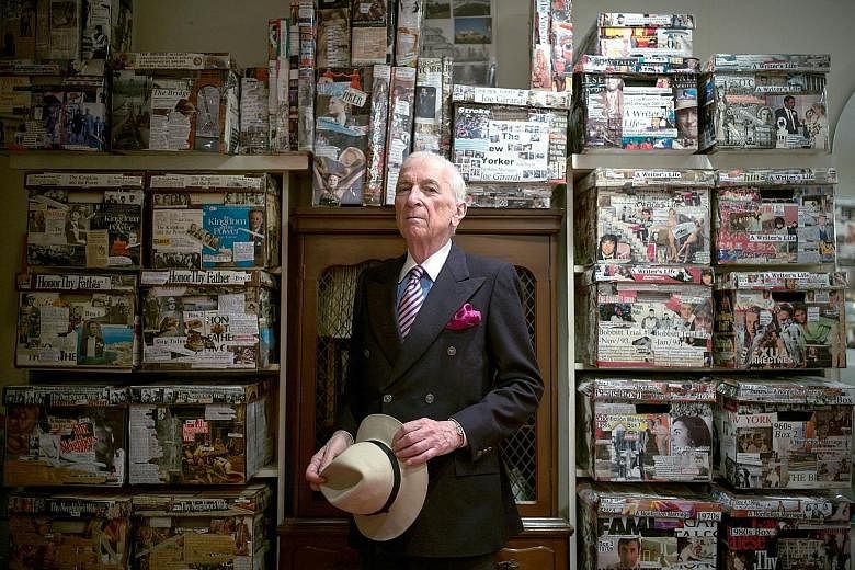 Author Gay Talese withresearch materials in the basement of his home in New York. His book, The Voyeur's Motel, to be published later this month, follows a Colorado motel owner who spied on his guests for years.